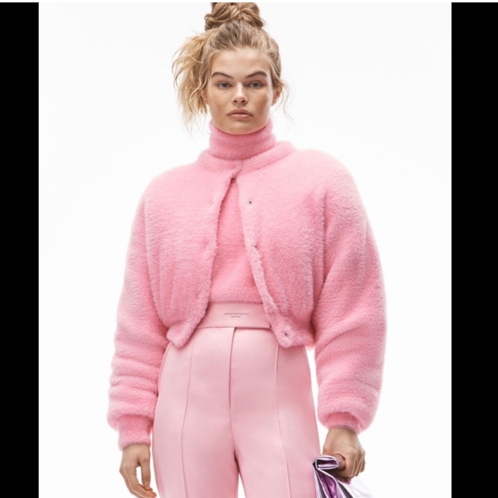 Alexander Wang Pink Fuzzy Cropped Cardigan w/ Quilted Lining